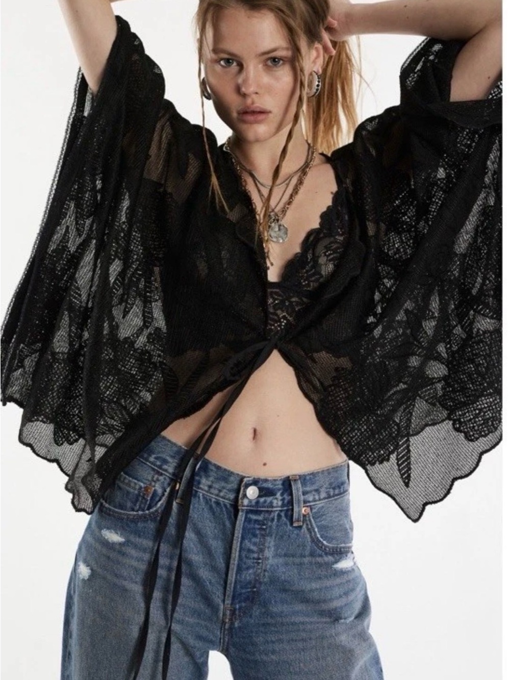 Free People Willow Tie Cape Black Sheer Lace Tie-Front Camisole Cape Kimono NWT